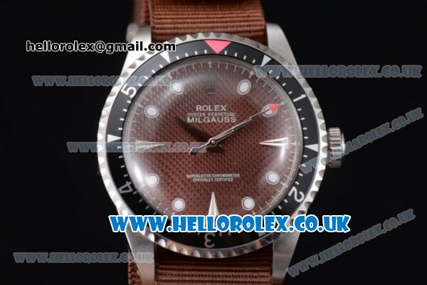 Rolex Milgauss Vintage Asia 2813 Automatic Steel Case with Brown Dial Brown Nylon Strap and Dot Markers - Click Image to Close